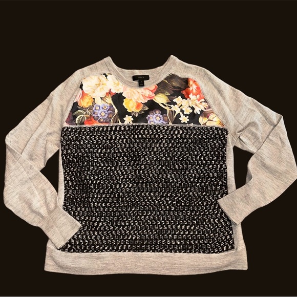 J. Crew Sweaters - J Crew Dutch Floral Mixed Media Sweater Merino Wool Multicolor Pullover Large
